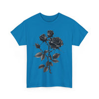 Printify eco-friendly unisex t-shirt in blue with black rose graphic design