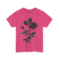 Printify eco-friendly unisex t-shirt in pink with black rose graphic design