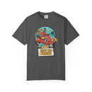 Printify eco-friendly unisex t-shirt in dark gray with colorful scooter and beach graphic design