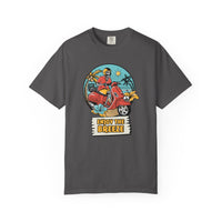 Printify eco-friendly unisex t-shirt in dark gray with colorful scooter and beach graphic design