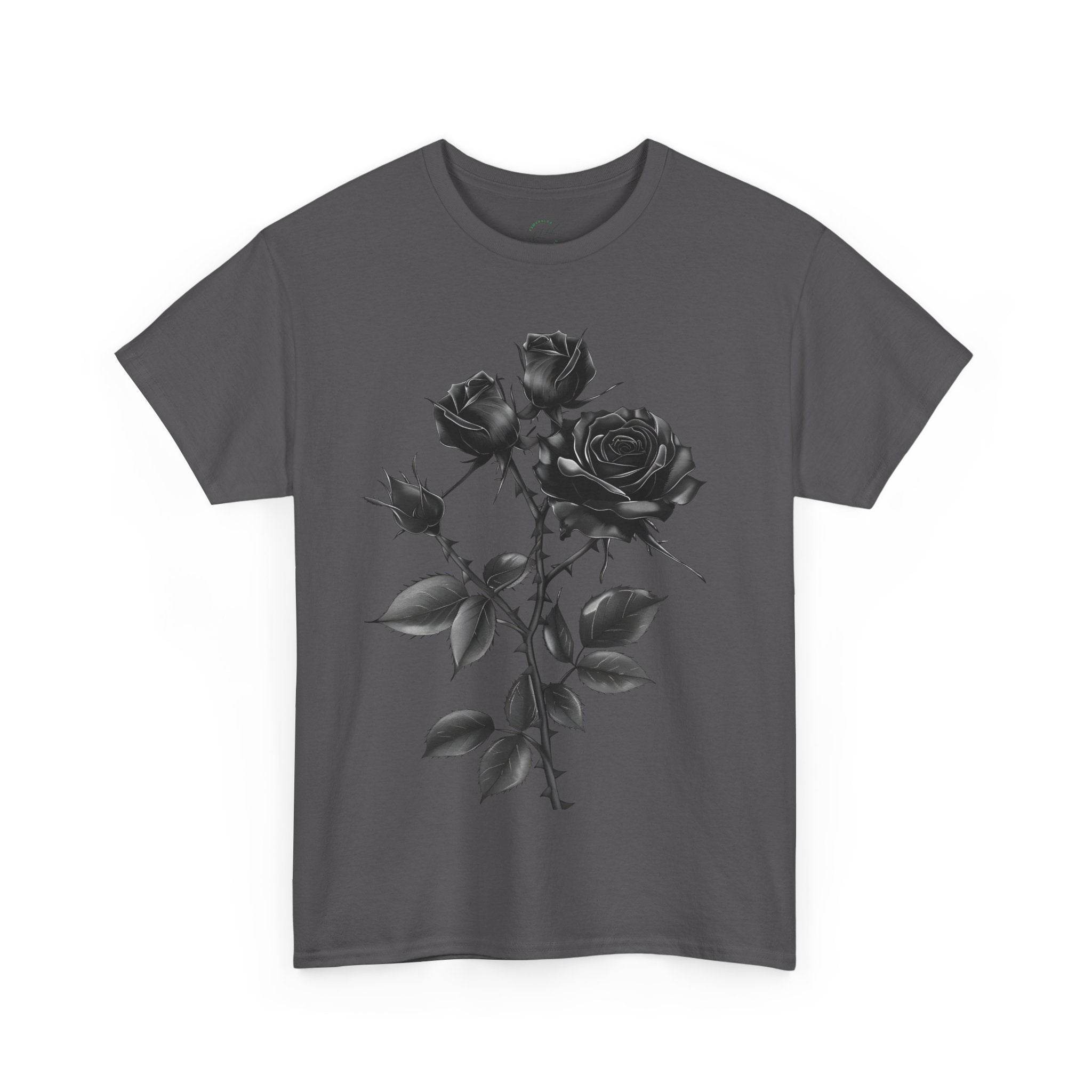 Printify eco-friendly unisex t-shirt in dark gray with black rose floral design