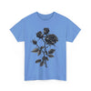 Printify blue eco-friendly unisex t-shirt with black rose graphic design on front