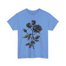 Printify blue eco-friendly unisex t-shirt with black rose graphic design on front