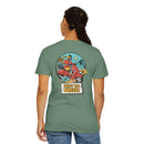 Printify eco-friendly unisex t-shirt in green with colorful back graphic of person on scooter and Enjoy the Breeze text