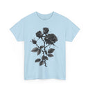 Printify eco-friendly unisex t-shirt in light blue with black rose graphic design