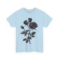 Printify eco-friendly unisex t-shirt in light blue with black rose graphic design