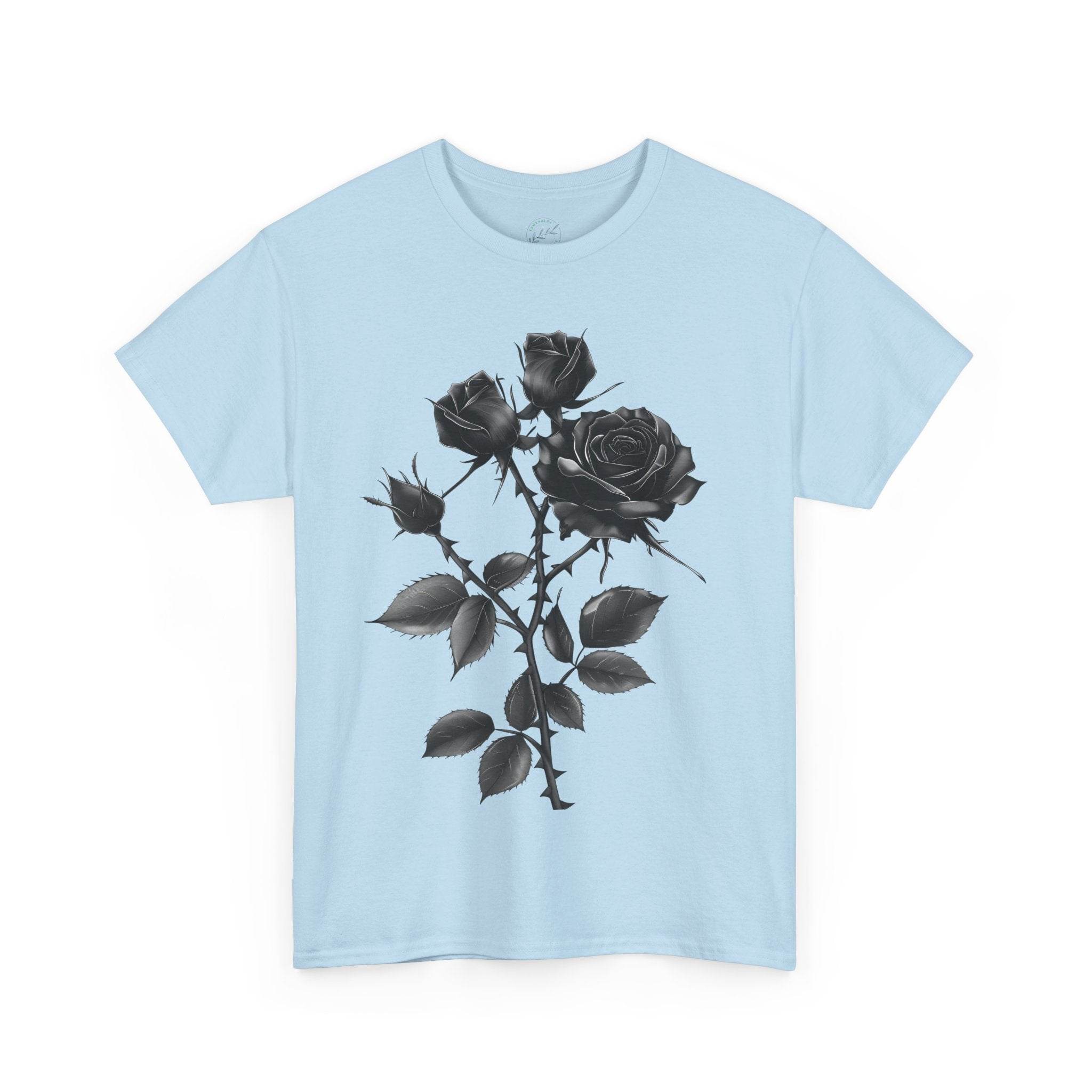 Printify eco-friendly unisex t-shirt in light blue with black rose graphic design