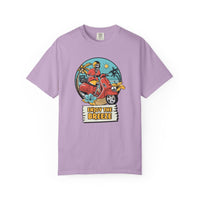 Printify eco-friendly unisex t-shirt in lavender with colorful scooter and tropical design