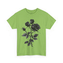 Printify green eco-friendly unisex t-shirt with black rose graphic design on front