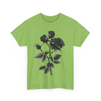 Printify green eco-friendly unisex t-shirt with black rose graphic design on front