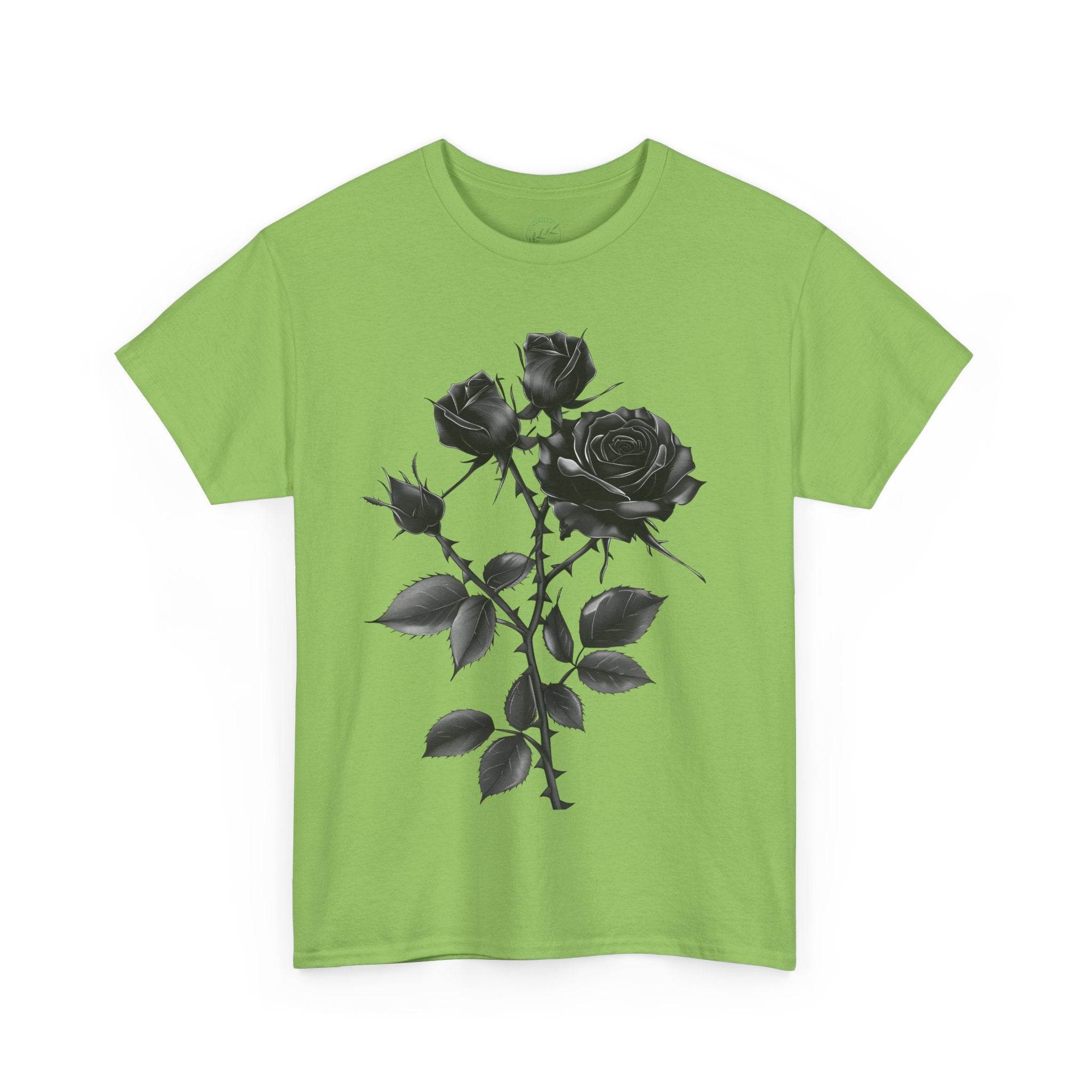 Printify green eco-friendly unisex t-shirt with black rose graphic design on front