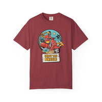 Printify eco-friendly unisex t-shirt in maroon with retro scooter skeleton design and Enjoy the Breeze text