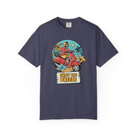 Printify eco-friendly unisex t-shirt in navy with colorful scooter and Enjoy the Breeze graphic