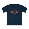 Printify navy blue eco-friendly unisex t-shirt with red Enigma graphic design