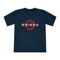 Printify navy blue eco-friendly unisex t-shirt with red Enigma graphic design