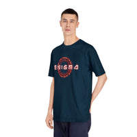 Printify eco-friendly unisex t-shirt in navy blue with enigma graphic design worn by male model