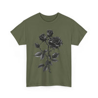 Printify eco-friendly unisex t-shirt in olive green with black rose graphic design