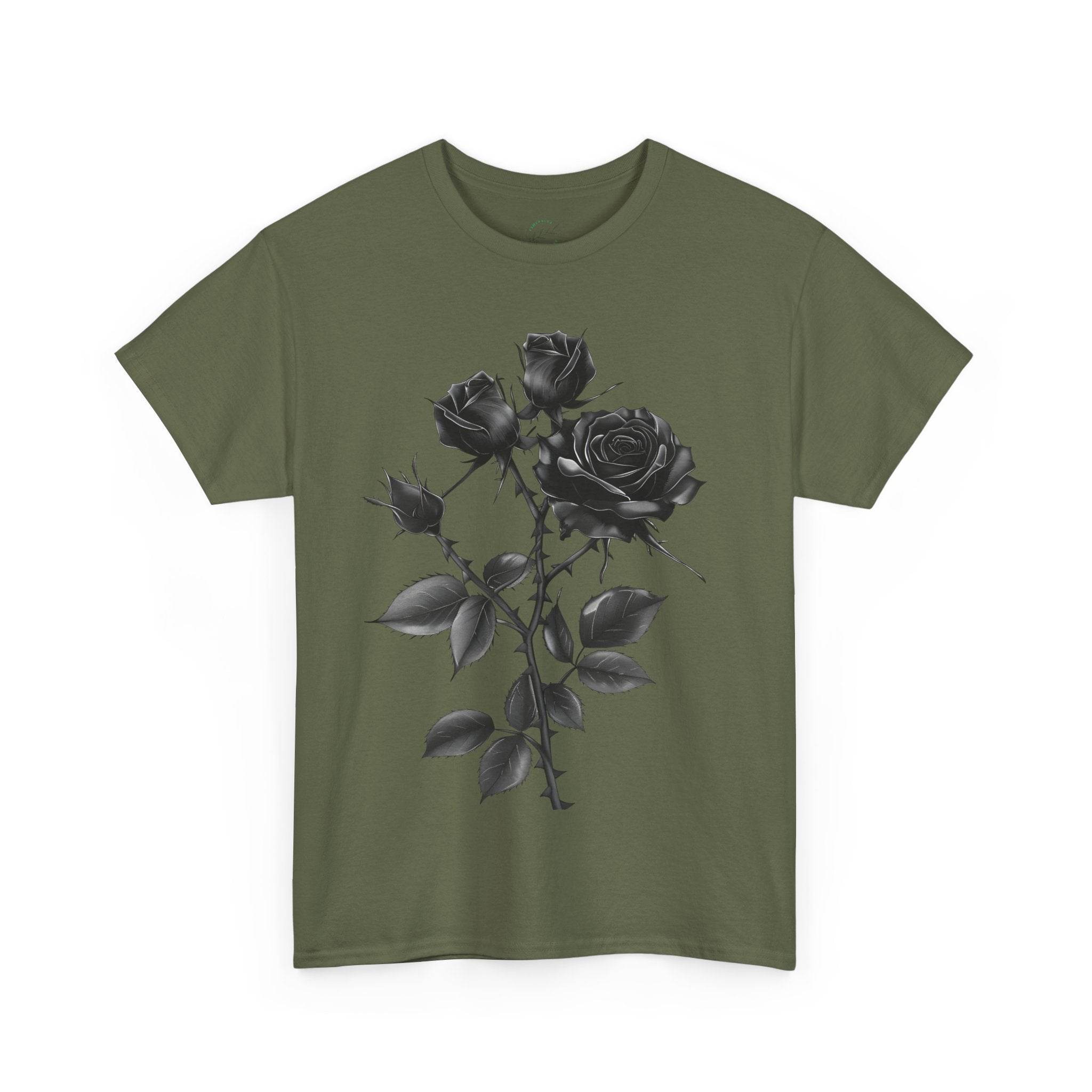 Printify eco-friendly unisex t-shirt in olive green with black rose graphic design