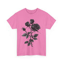 Printify pink eco-friendly unisex t-shirt with black rose floral graphic design