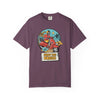 Printify eco-friendly unisex t-shirt in purple with a skeleton riding a red scooter and enjoy the breeze design