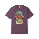 Printify eco-friendly unisex t-shirt in purple with a skeleton riding a red scooter and enjoy the breeze design