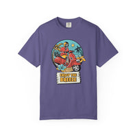 Printify eco-friendly unisex t-shirt in purple with skeleton riding red scooter and enjoy the breeze design