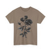Printify eco-friendly unisex t-shirt in brown with a black rose floral design on front