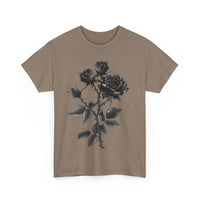 Printify eco-friendly unisex t-shirt in brown with a black rose floral design on front