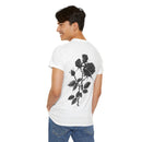 Printify eco-friendly unisex t-shirt in white with black rose graphic on back worn by smiling man