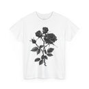 Printify eco-friendly unisex t-shirt in white with black rose graphic design