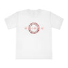 Printify white eco-friendly unisex t-shirt with circular red floral design on front