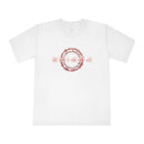 Printify white eco-friendly unisex t-shirt with circular red floral design on front