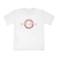 Printify white eco-friendly unisex t-shirt with circular red floral design on front