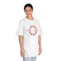 Printify eco-friendly unisex t-shirt in white worn by smiling woman with circular design