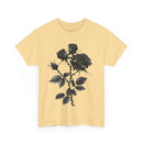 Printify eco-friendly unisex t-shirt in beige with black rose floral design on front