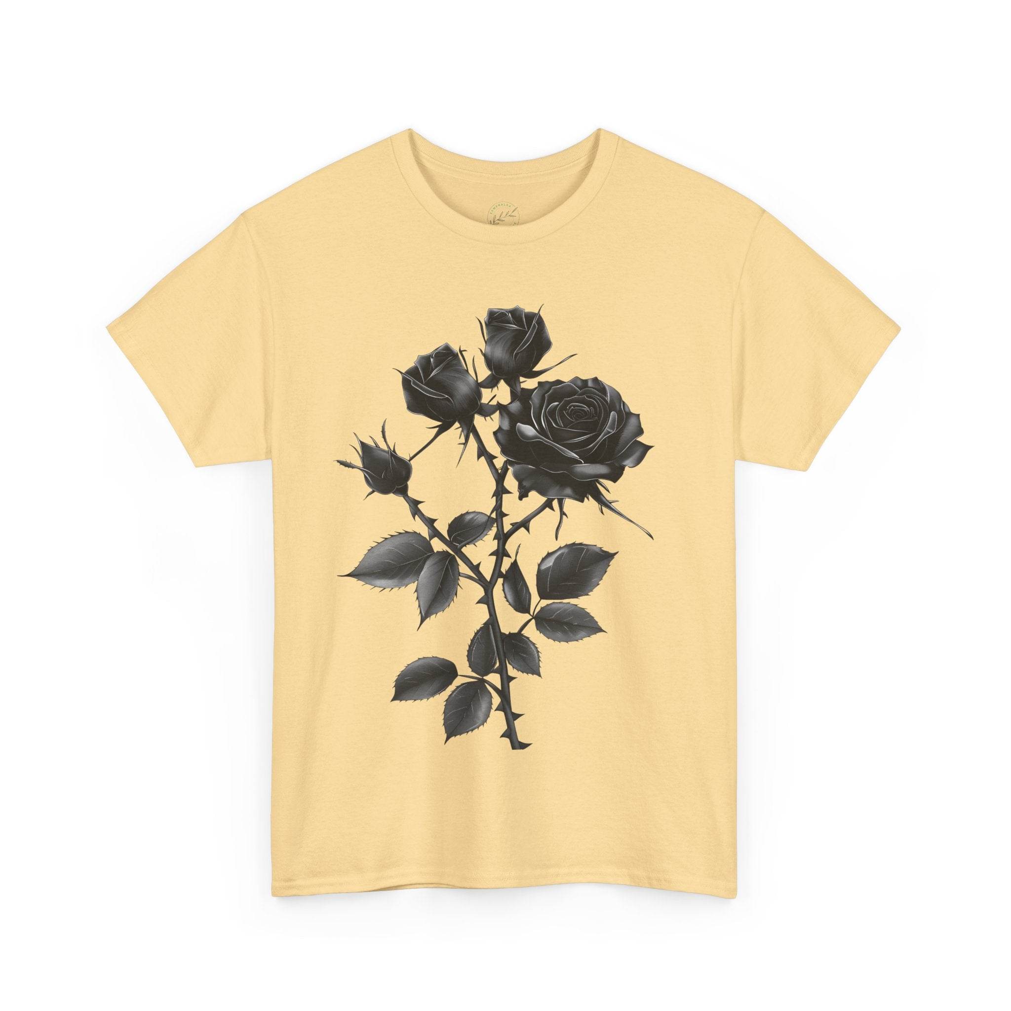 Printify eco-friendly unisex t-shirt in beige with black rose floral design on front
