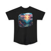 Printify black eco-friendly unisex urban tee featuring vibrant ocean sunset and coral reef design