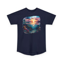 Printify navy eco-friendly unisex urban tee featuring a colorful ocean sunset and underwater coral design