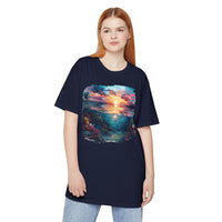 Printify eco-friendly unisex urban tee in navy with colorful sunset ocean graphic worn by model