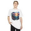 Printify eco-friendly unisex urban tee with colorful sunset and ocean graphic on white t-shirt