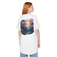 Printify eco-friendly unisex urban tee with colorful sunset ocean graphic on back