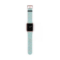 Printify eco-friendly watch band in blue with white polka dots paired with a rose gold smartwatch