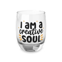 Printify eco-friendly whiskey glass with I am a creative soul quote and decorative design