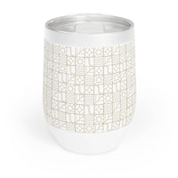 Printify eco-friendly wine tumbler with white and gold geometric pattern and clear lid