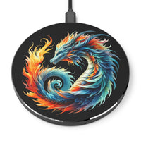 Printify eco-friendly wireless charger featuring vibrant colorful dragon art on a black round pad