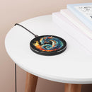 Printify eco-friendly wireless charger with colorful dragon design on a white round table