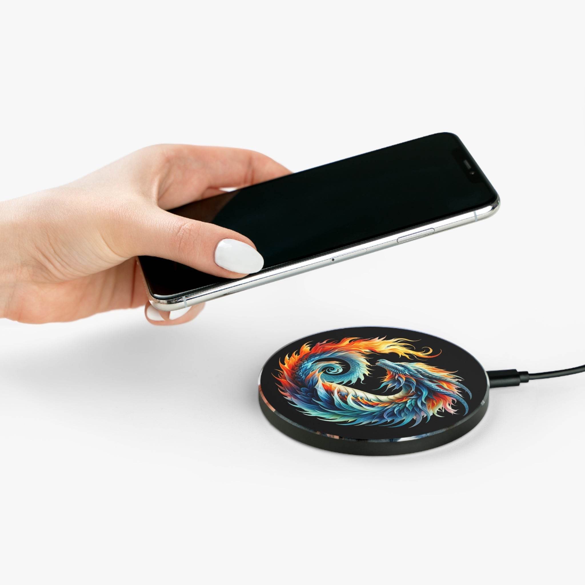 Hand placing smartphone on Printify eco-friendly wireless charger with colorful dragon design