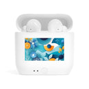 Printify eco-friendly wireless earbuds in white with colorful floral design on charging case