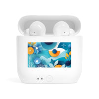 Printify eco-friendly wireless earbuds in white with colorful floral design on charging case