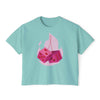 Printify eco-friendly women boxy tee in light blue with pink flaming dice graphic on front